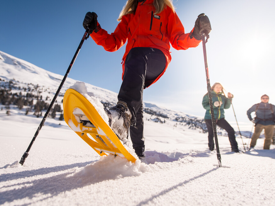 Eine Person, die im strahlenden Wintersonnenlicht auf Schneeschuhen unterwegs ist, während zwei weitere Personen ihr durch die verschneite Landschaft folgen. - Hotel Steinerhof