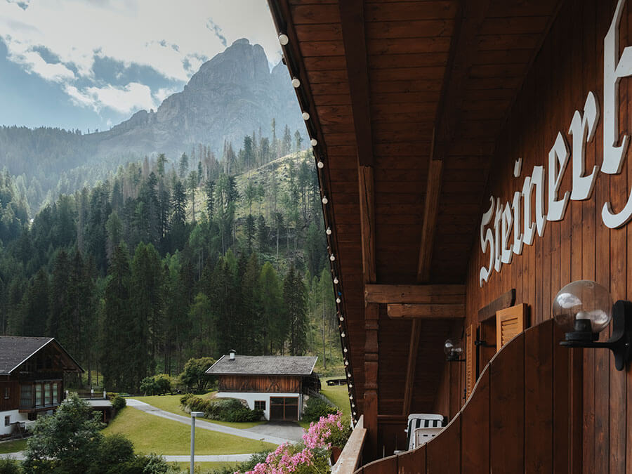 Vom Balkon eines Holzchalets aus blickt man unter bewölktem Himmel auf bewaldete Hügel, einen Berggipfel und weit entfernte Hütten. - Hotel Steinerhof