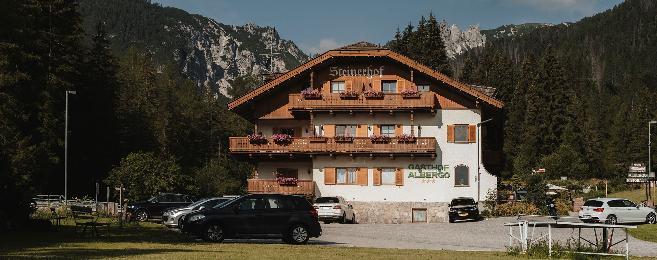 Ein Gasthaus im Chalet-Stil mit Blumenkästen und geparkten Autos, vor der Kulisse von Wald und Bergen. - Hotel Steinerhof