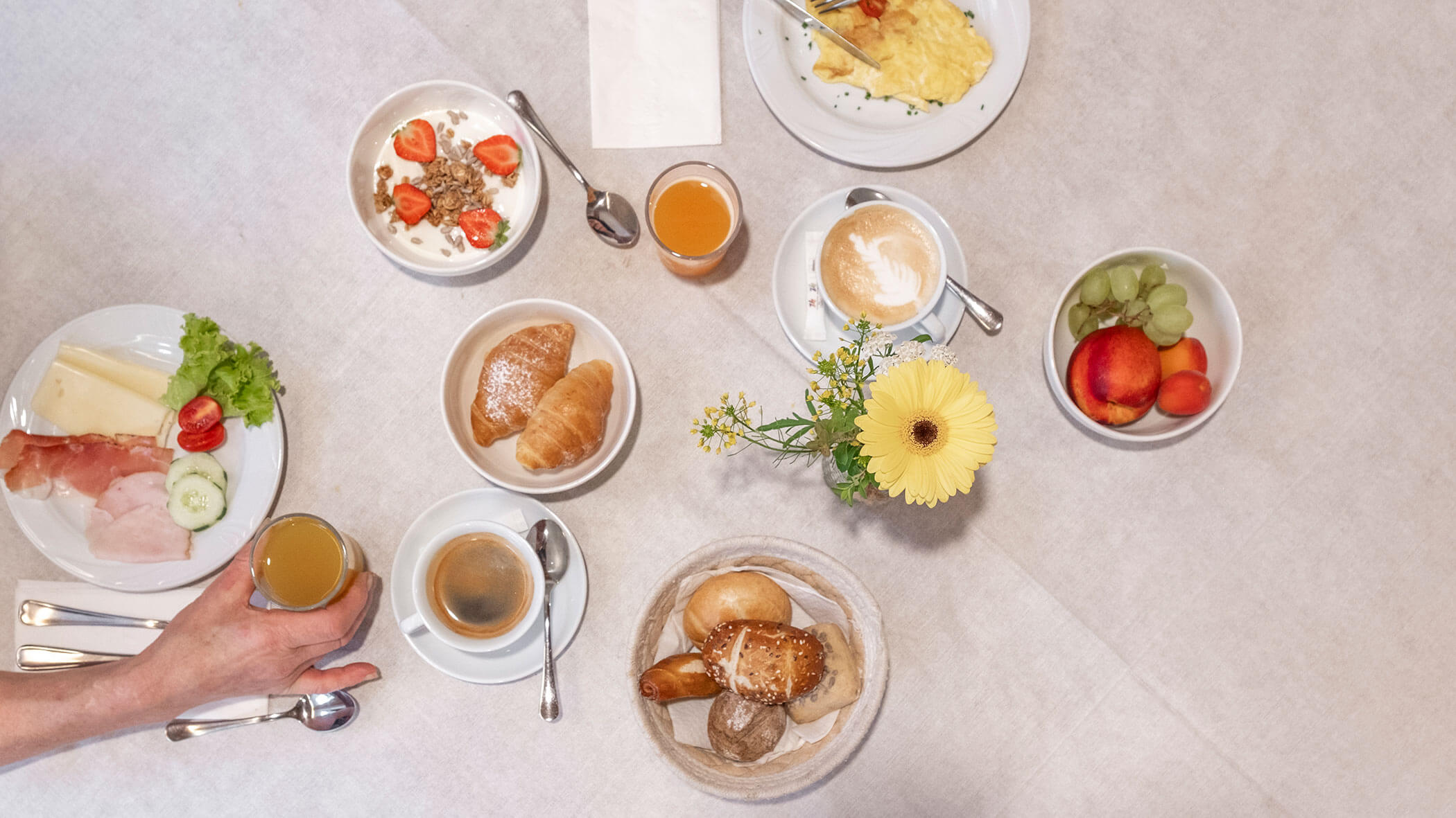Frühstückstisch mit Kaffee, Saft, Obst, Gebäck, Omelett, Joghurt, Brot und einer gelben Blume als Tischdekoration. - Hotel Steinerhof