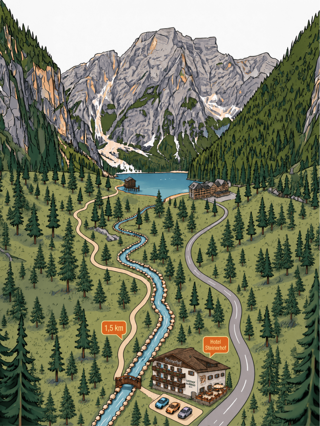 Berghotel in der Nähe eines Flusses, Weg durch einen Kiefernwald, See und Berge im Hintergrund, Schild mit der Aufschrift „1,5 km“. - Hotel Steinerhof