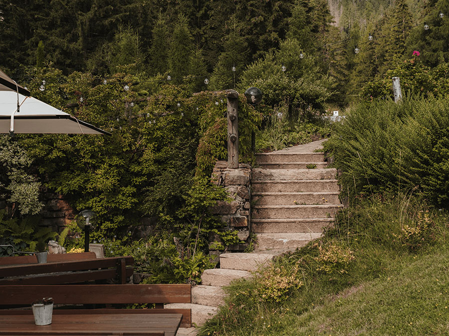 Steinstufen führen durch einen üppig grünen Garten mit Bäumen, Sträuchern und einer Holzbank im Vordergrund hinauf. - Hotel Steinerhof